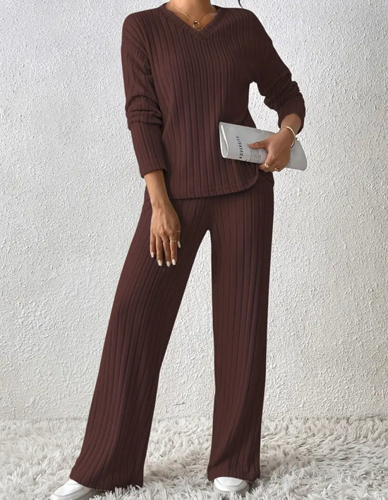 Ribbed Luxe Lounge Set – neulottu kaksiosainen oloasu ruskea
