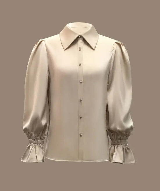 Pearl Button Satin Blouse – Champagne Beige