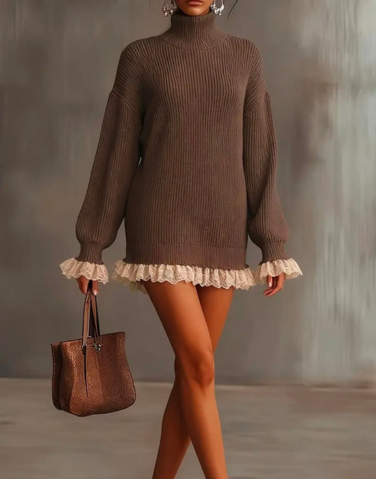 Lace Hem Knit Dress – Coffee Cream