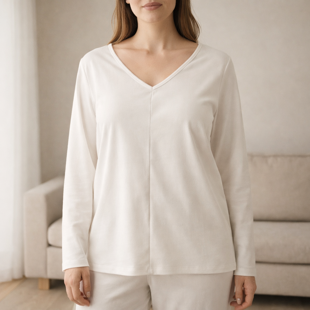 Pitkähihainen V-aukkoinen paita – luonnonvalkoinen (XL)