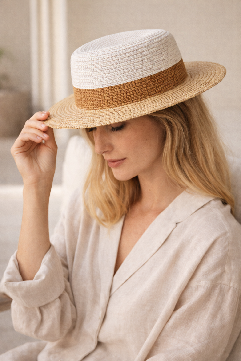 Boater Sun Hat – Natural / White / Brown
