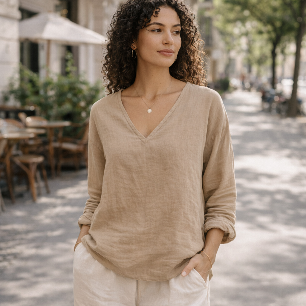 Beige Linen V-Neck Paita