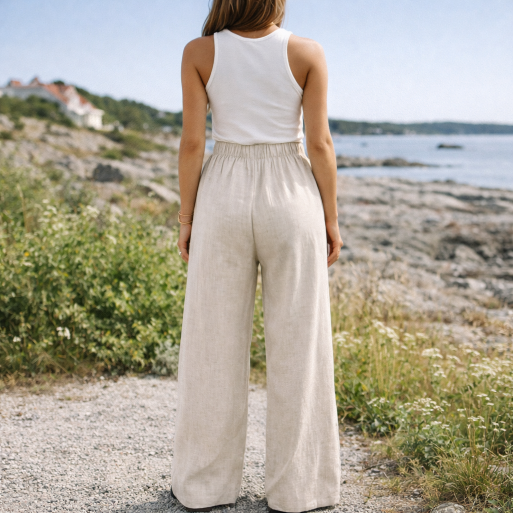 Beige Linen Wide Leg Pants