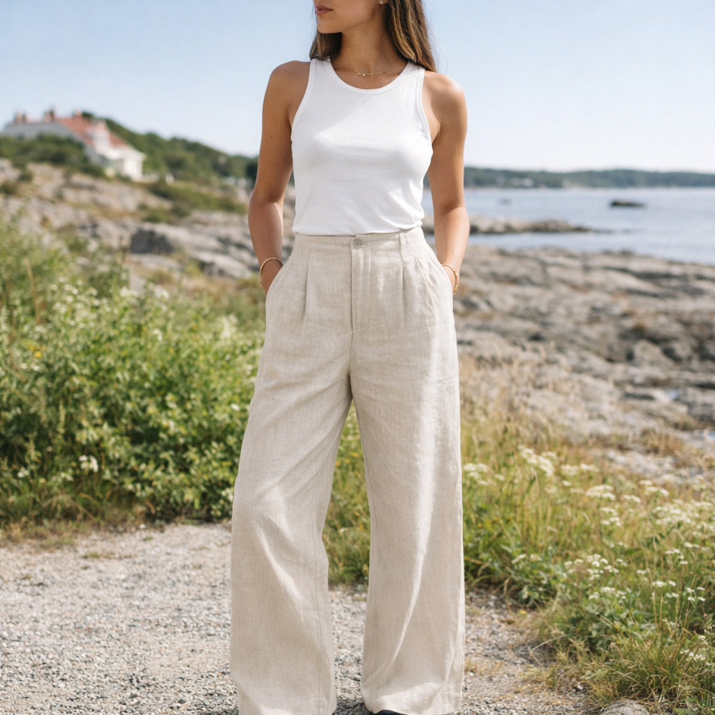Beige Linen Wide Leg Pants