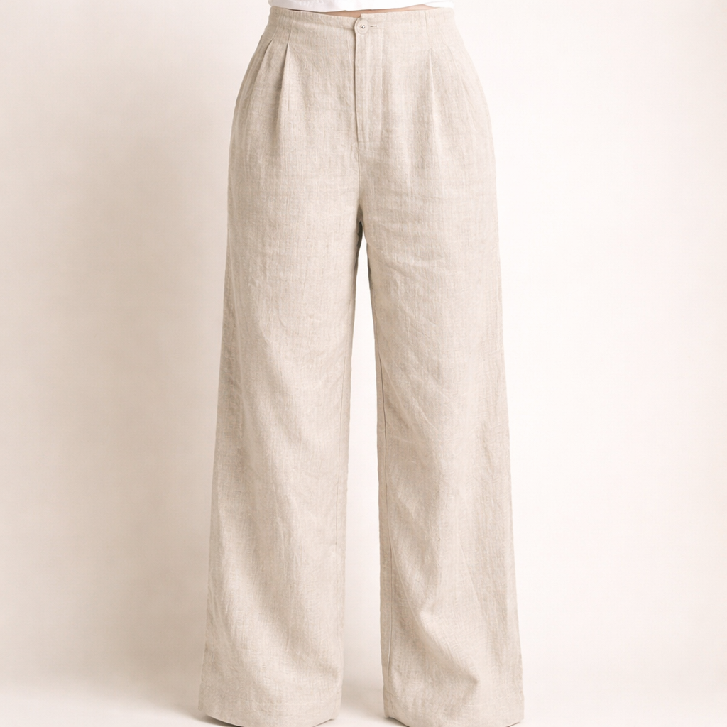 Beige Linen Wide Leg Pants