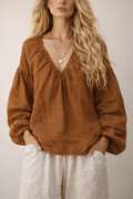 Boho Linen Blouse – Coffee Brown