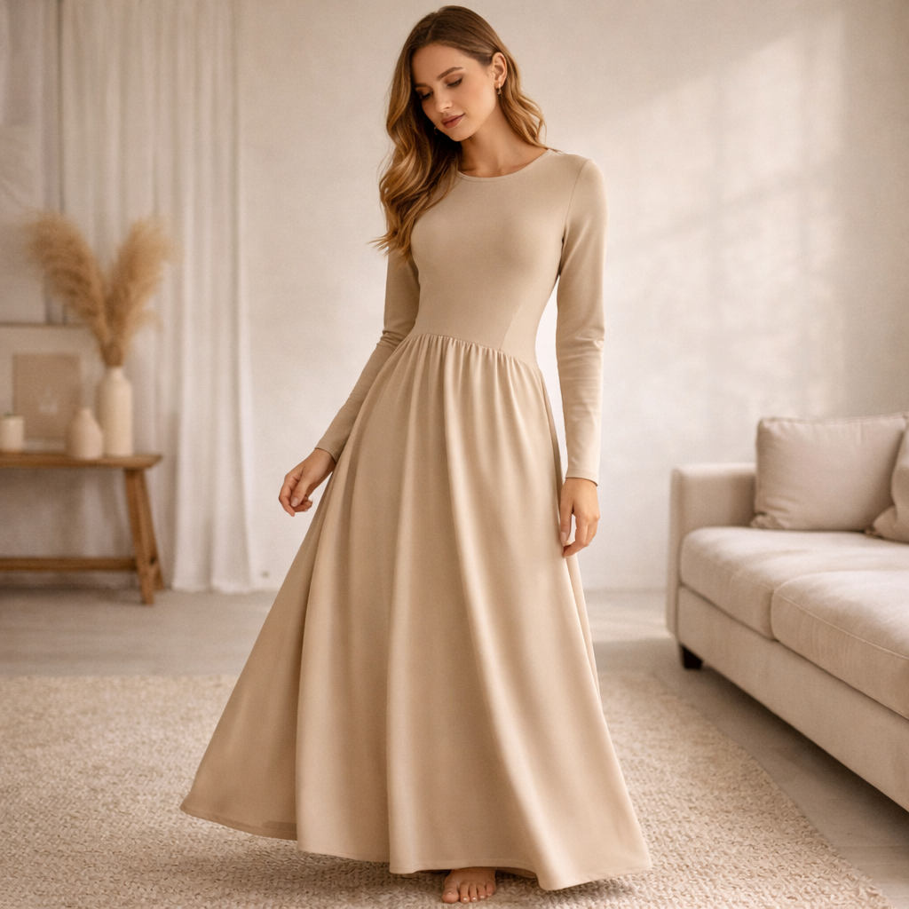 Asymmetric Flow Maxi Dress – Vaaleanbeige S