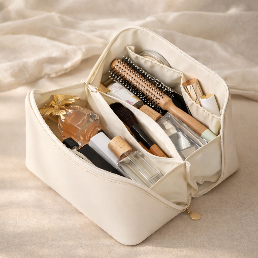 Elegant Makeup Organizer Bag – Milky White