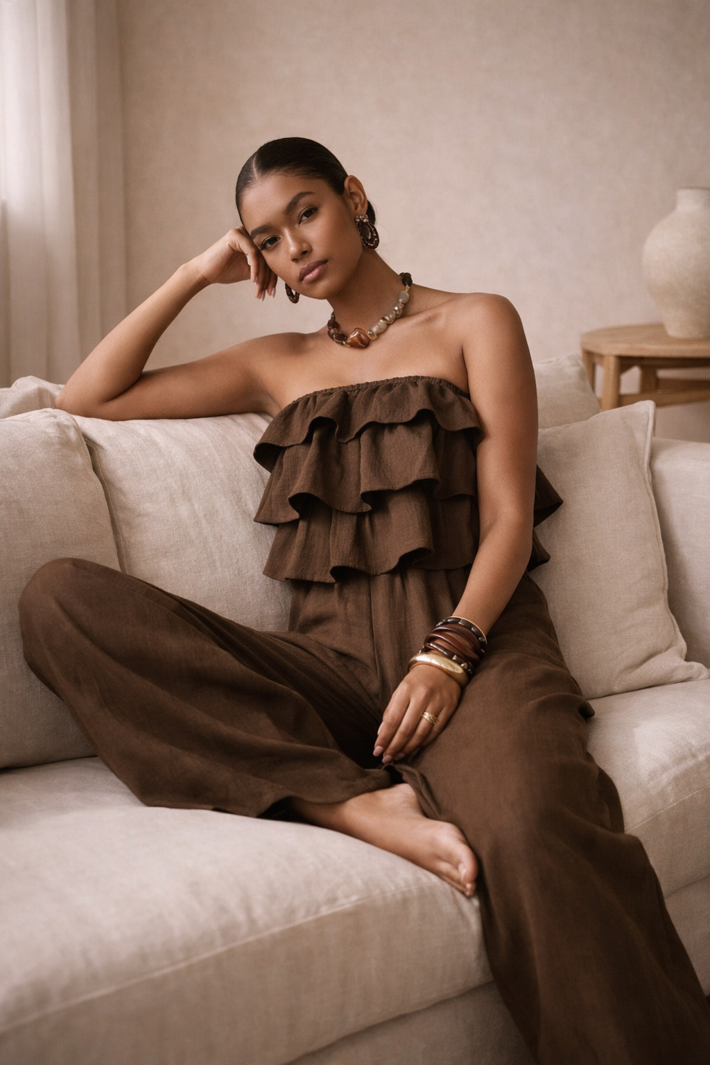 Ruffle Jumpsuit – kahvinruskea