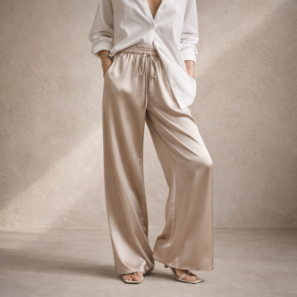 Satiiniset leveälahkeiset housut – khaki