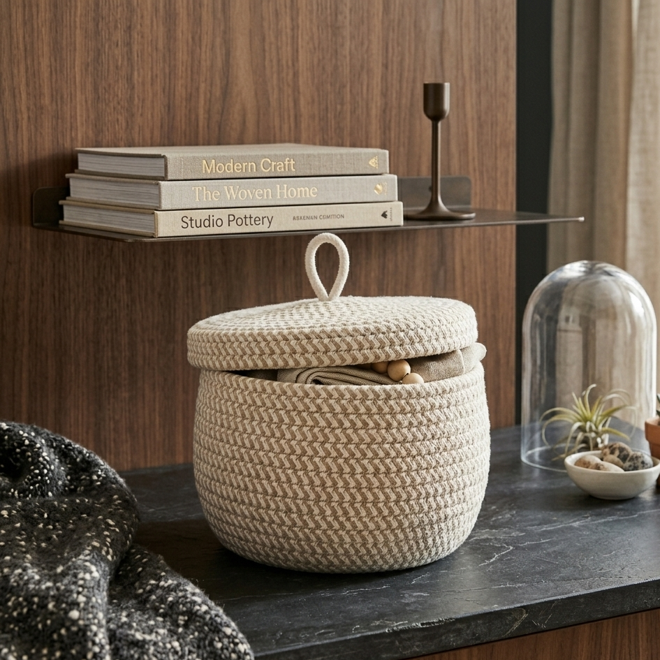 Pieni punottu säilytyskori kannella