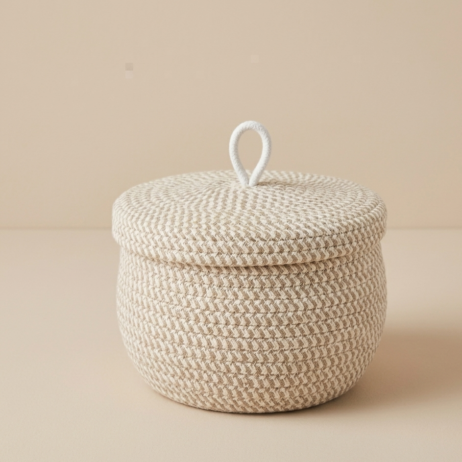 Pieni punottu säilytyskori kannella