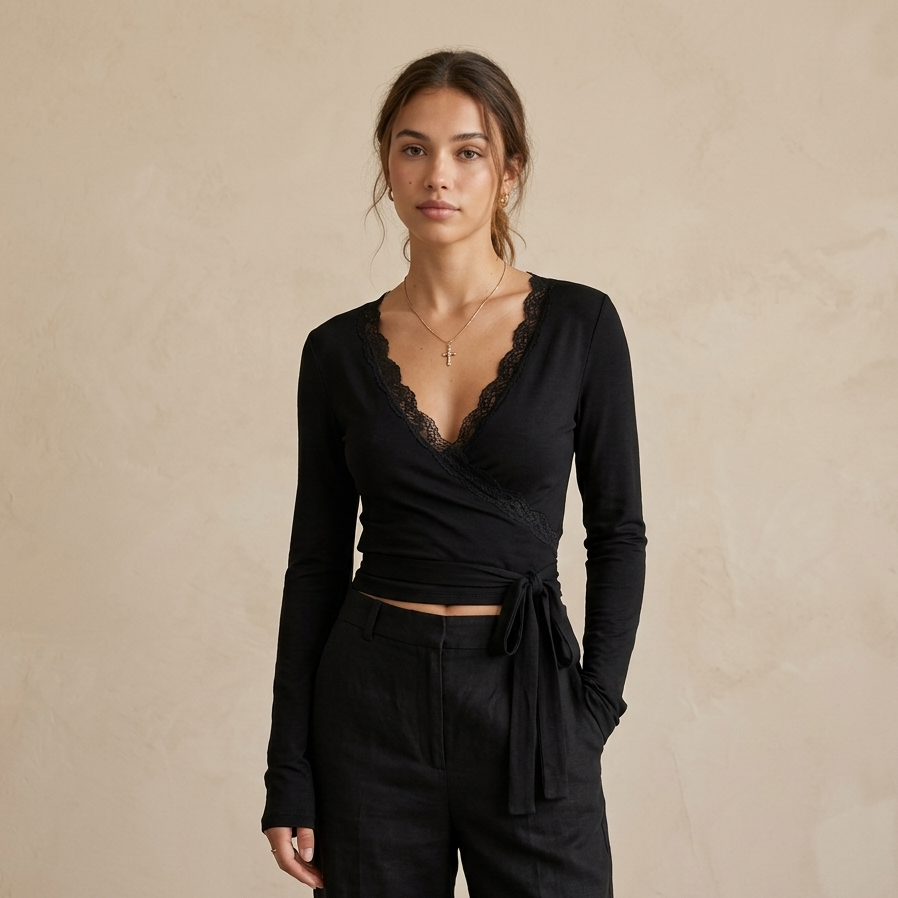 Wrap Lace Sculpt Top – Black