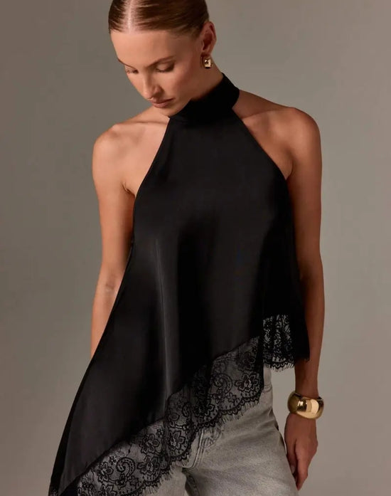 Asymmetric Lace Satin Top – Black Elegance