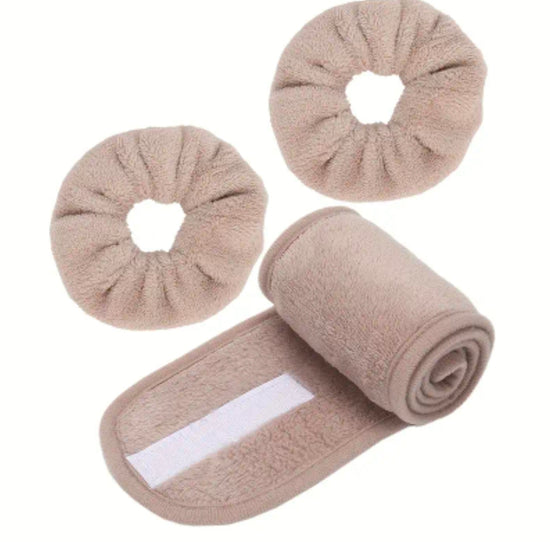 SoftSpa™ Headband & Wrist Wash Set – pehmeä spa-setti kasvojenpesuun (3 kpl) beige