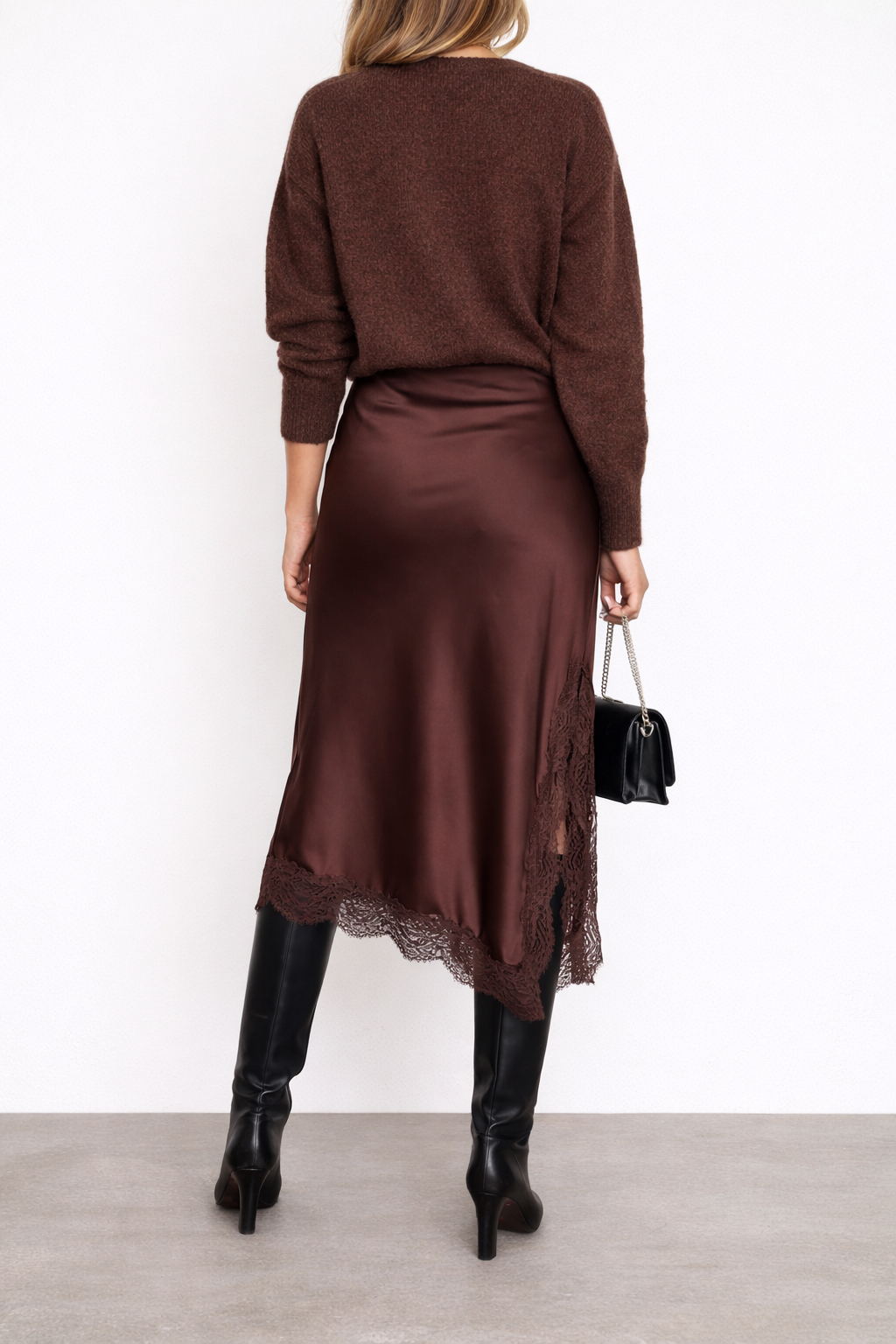 Lace Satin Midi Skirt – Chocolate Brown