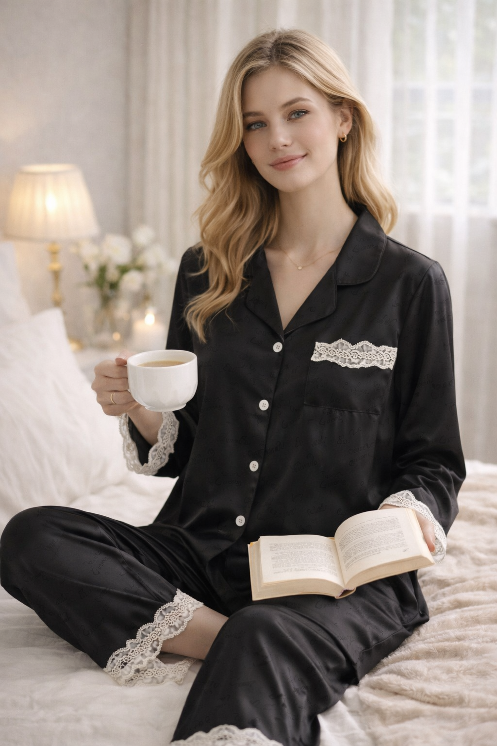 Satiinipyjama pitsiyksityiskohdilla – ajaton & ylellinen