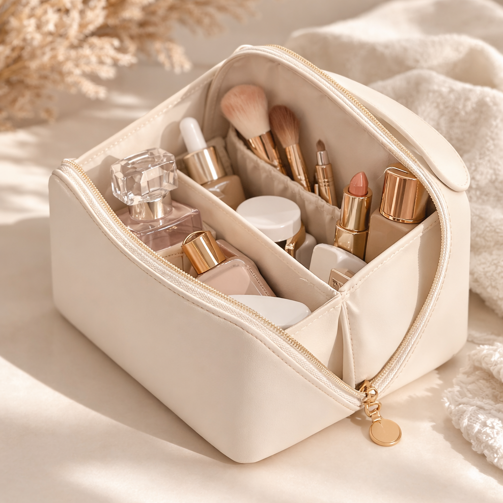 Elegant Makeup Organizer Bag – Milky White