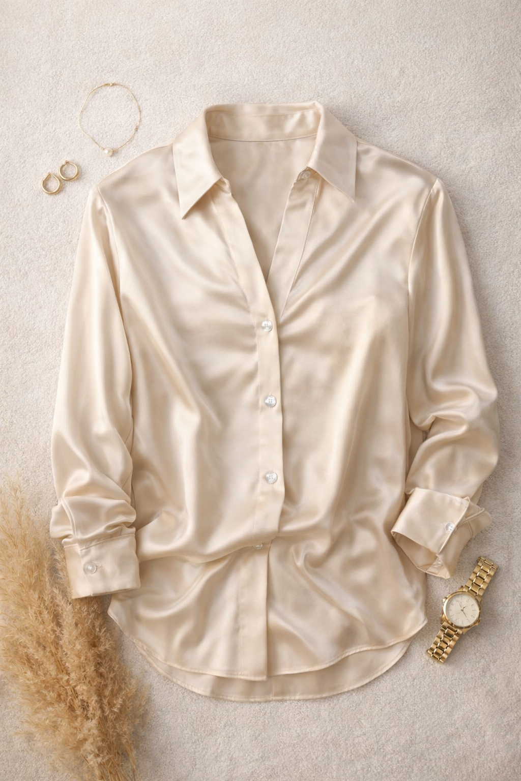 Silkkimäisesti hohtava satiinipaita – Vaalea kulta (XL)