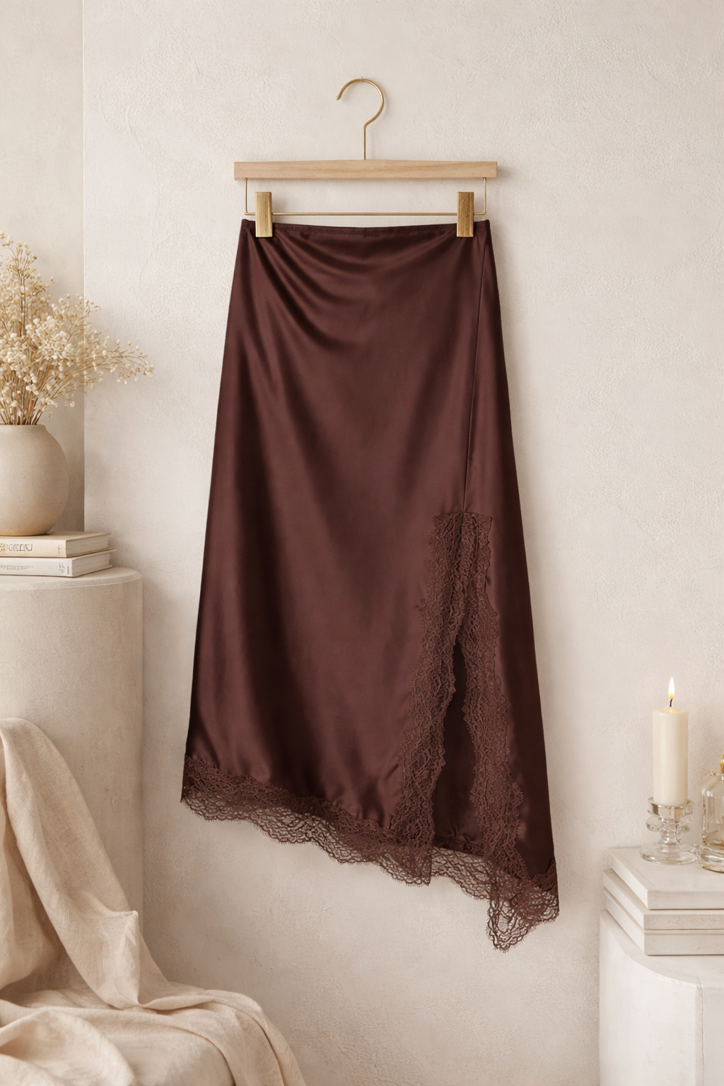 Lace Satin Midi Skirt – Chocolate Brown