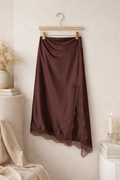 Lace Satin Midi Skirt – Chocolate Brown