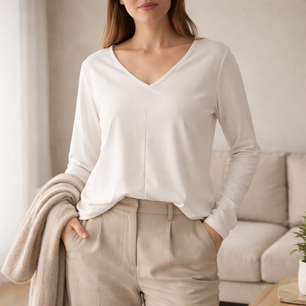 Pitkähihainen V-aukkoinen paita – luonnonvalkoinen