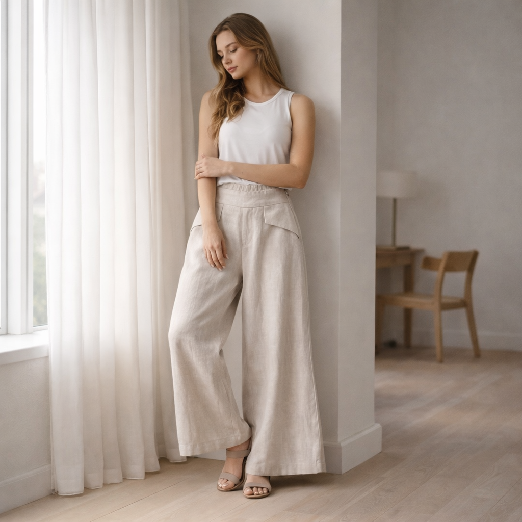 Beige pellavasekoitehousut – koko M