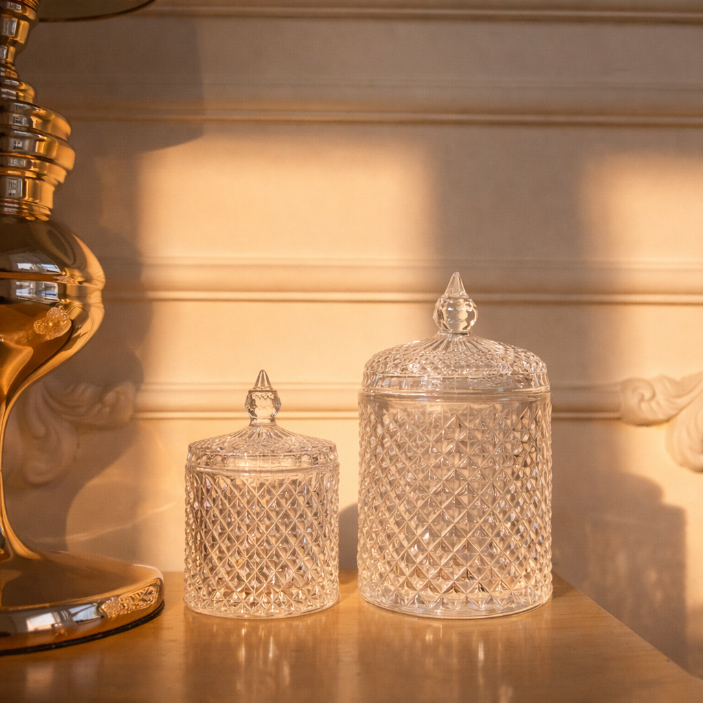 Kristallinen säilytyspurkkI kannella – elegantti yksityiskohta kotiin