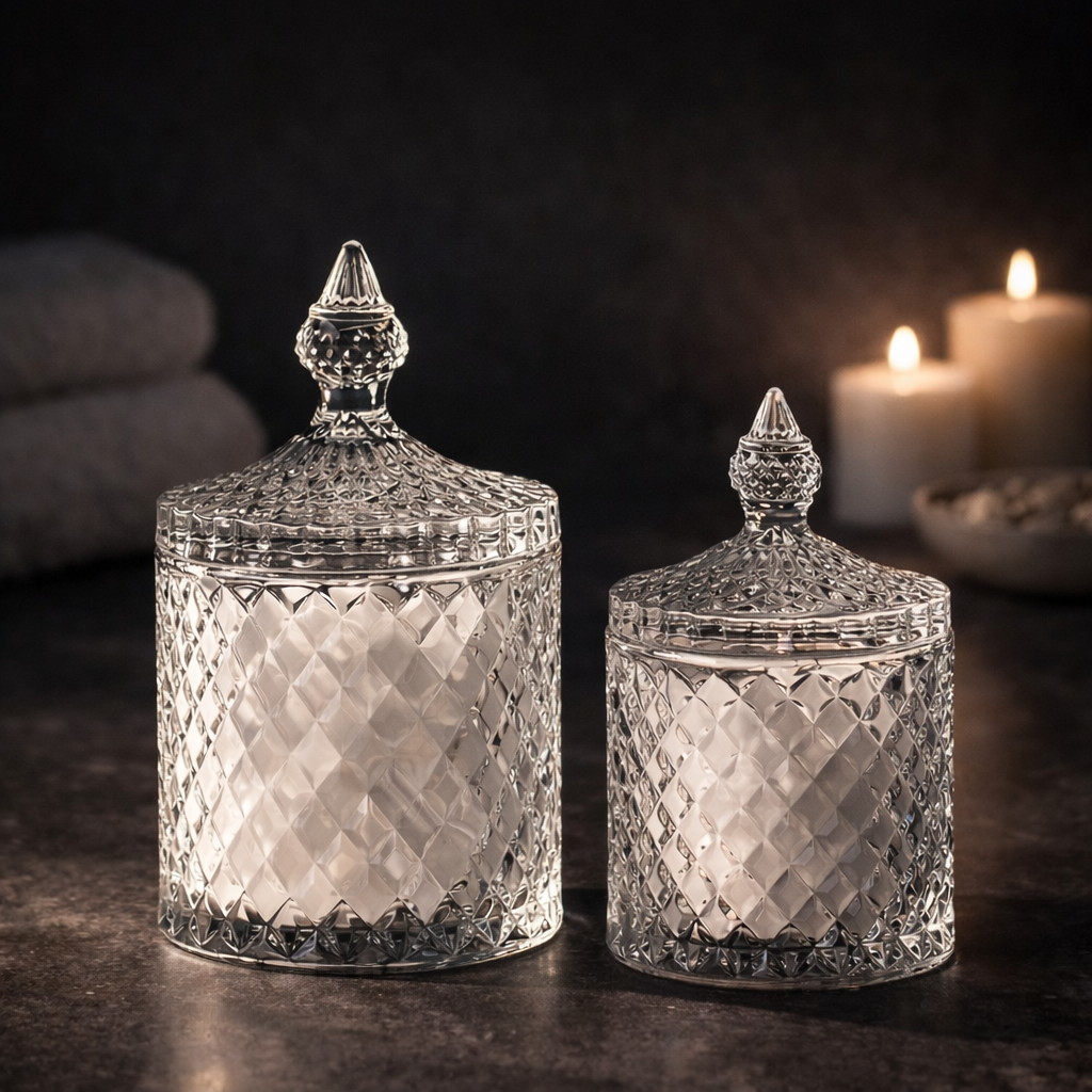 Kristallinen säilytyspurkkI kannella – elegantti yksityiskohta kotiin